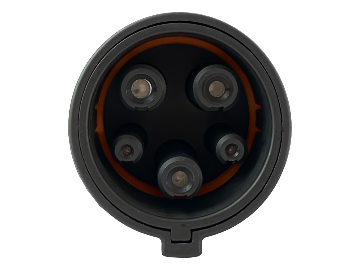 Kompakter Adapter von T1-Buchse (Auto) auf T2-Stecker (Kabel).